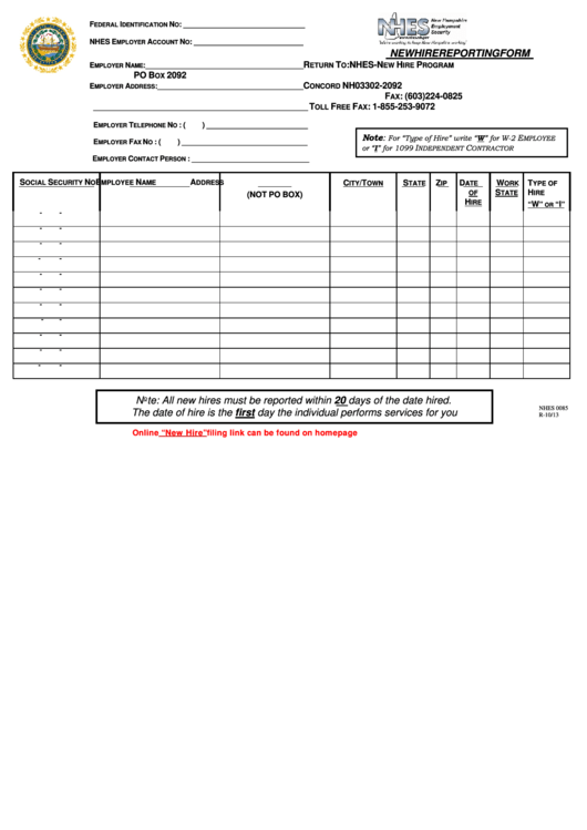 Fillable Form Nhes 0085 - Nhes New Hire Reporting Form Printable pdf