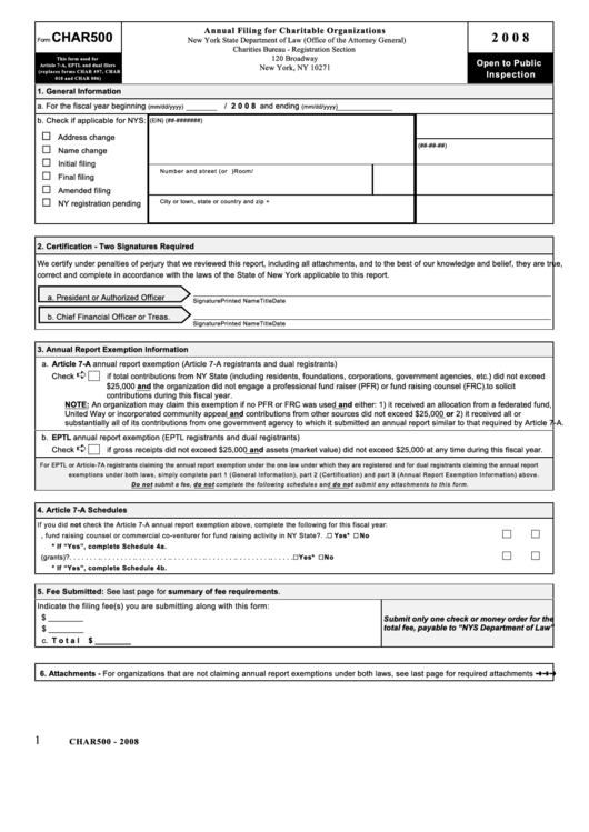 Form Char500 - Annual Filing For Charitable Organizations - 2008 Printable pdf