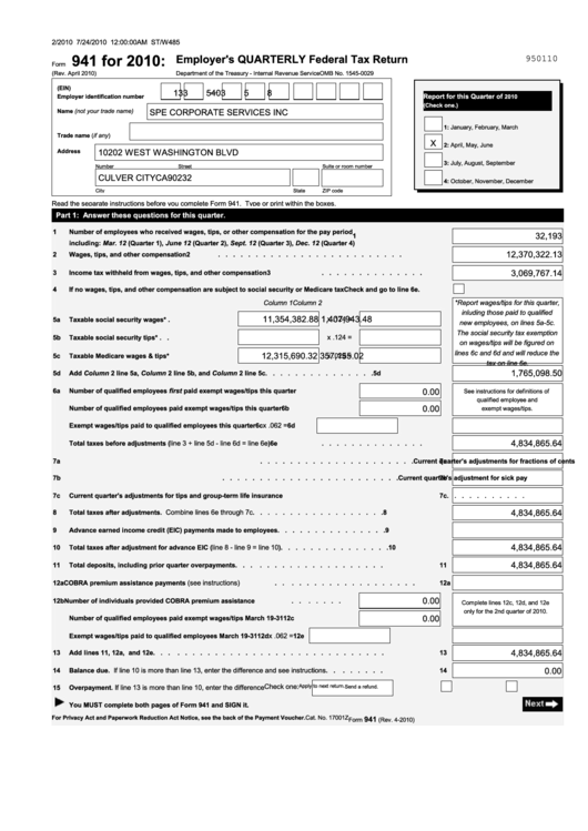 Form 941 Employer S Quarterly Federal Tax Return 2010 Printable Pdf