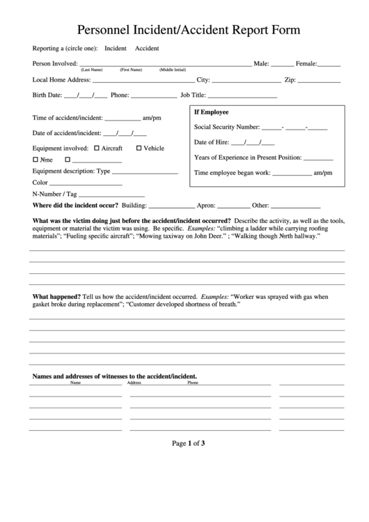 Personnel Incident/accident Report Form Printable pdf