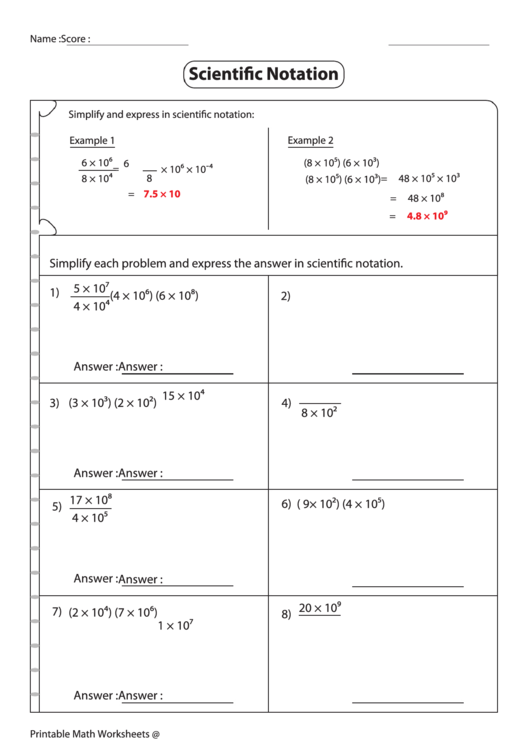 Simplifying Expressions In Scientific Notation Worksheet With Answer Key Printable pdf