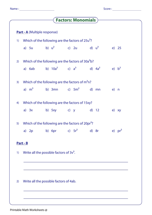 Factors: Monomials Printable pdf