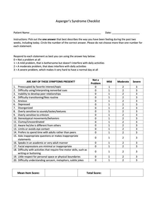 Fillable Asperger'S Syndrome Checklist printable pdf download