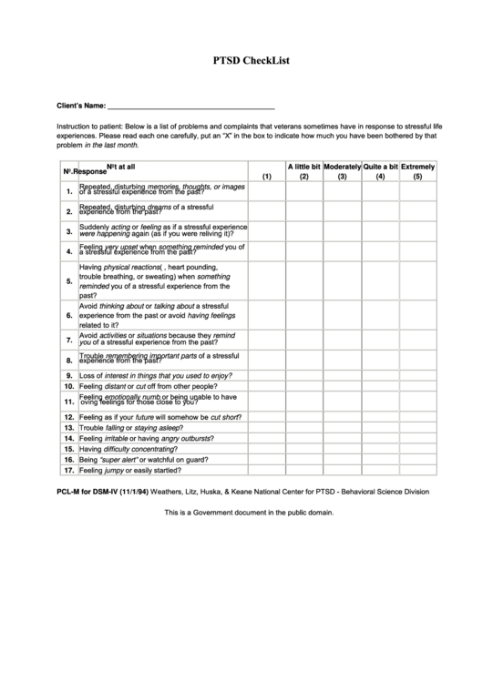 Ptsd Checklist Printable pdf