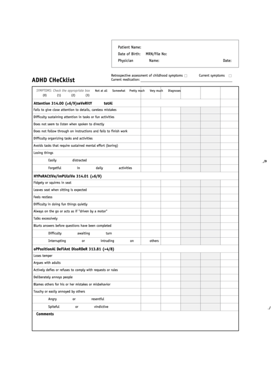 Fillable Adhd Checklist printable pdf download