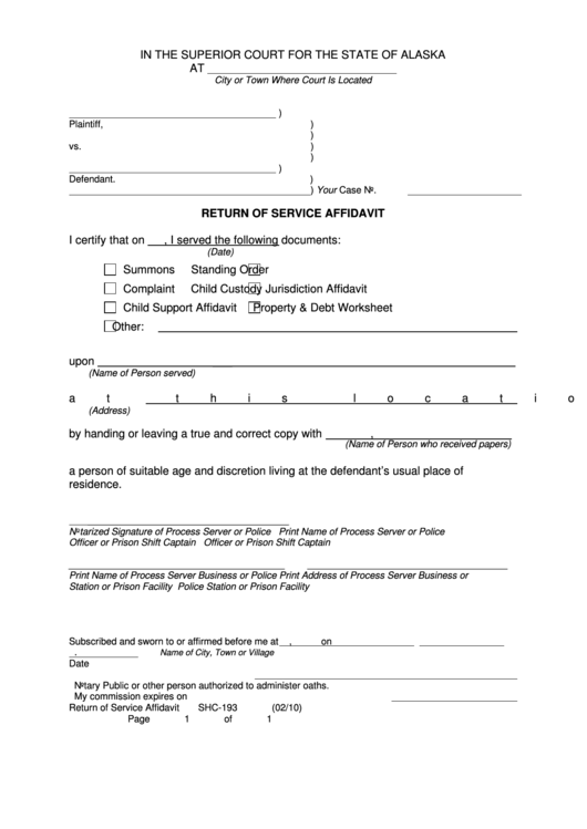 Return Of Service Affidavit Printable pdf