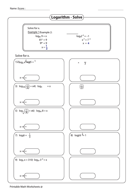 Logarithm - Solve Printable pdf