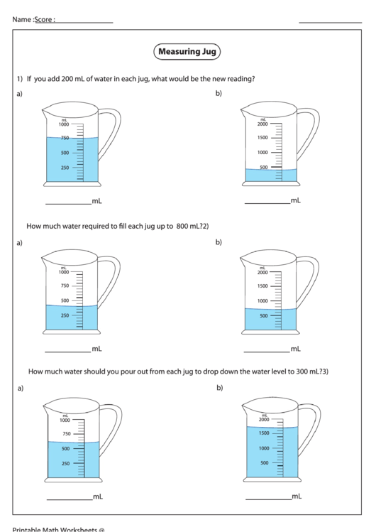 Measuring Jug Worksheet Printable pdf