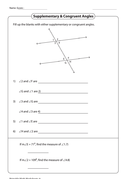 Supplementary & Congruent Angles Worksheet Printable pdf
