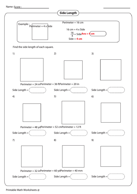 Side Length Worksheet Printable pdf
