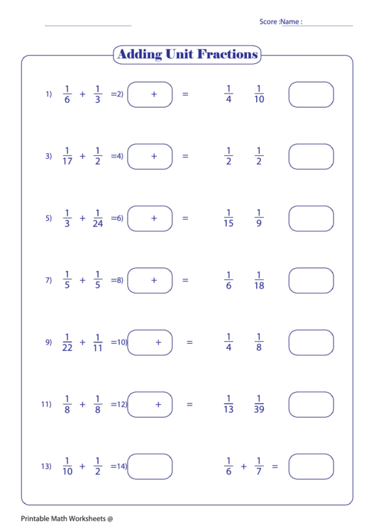 Adding Unit Fractions Printable pdf