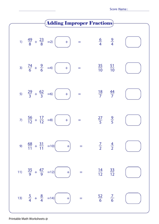 Adding Improper Fractions Printable pdf