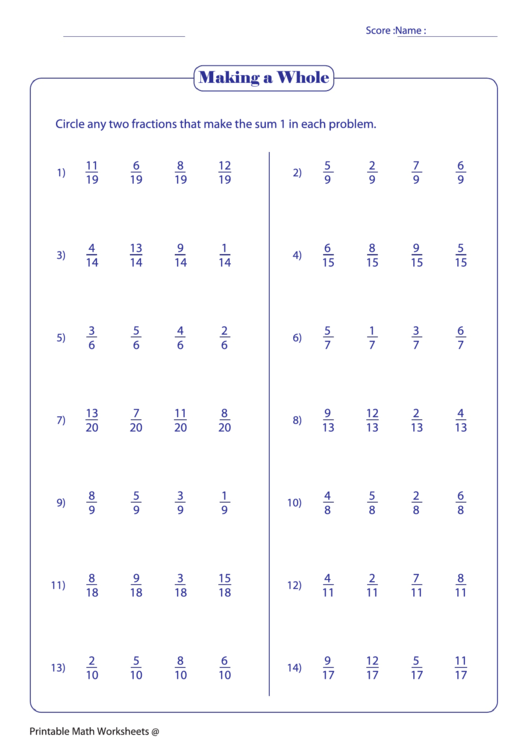 Making A Whole - Fraction Worksheet Printable pdf