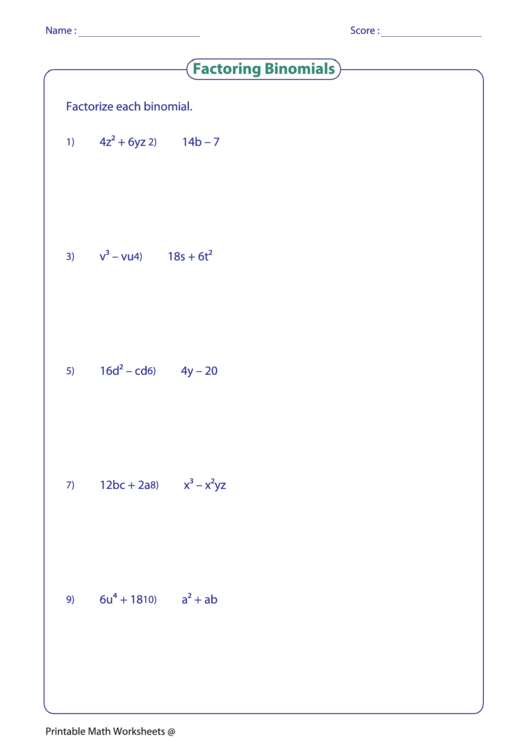 Factoring Binomials Printable pdf