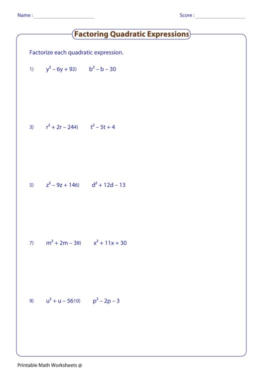 Factoring Quadratic Expressions Printable pdf