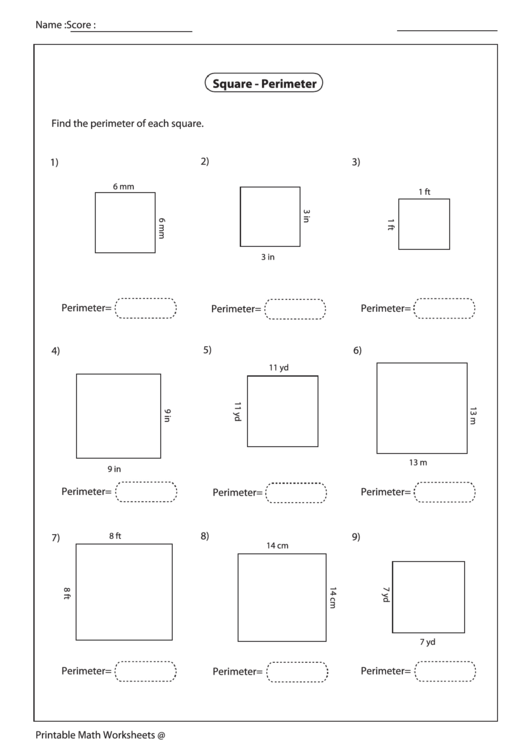 Square Perimeter Worksheet Printable pdf