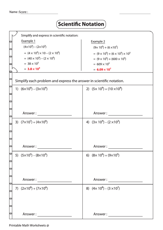 Scientific Notation Printable pdf