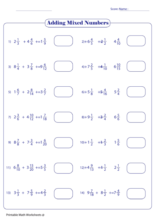 Adding Mixed Numbers printable pdf download
