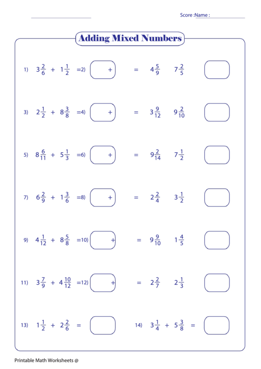 Adding Mixed Numbers printable pdf download