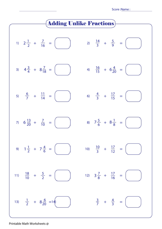 Adding Unlike Fractions printable pdf download