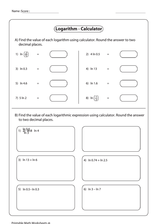 Logarithm - Calculator Printable pdf