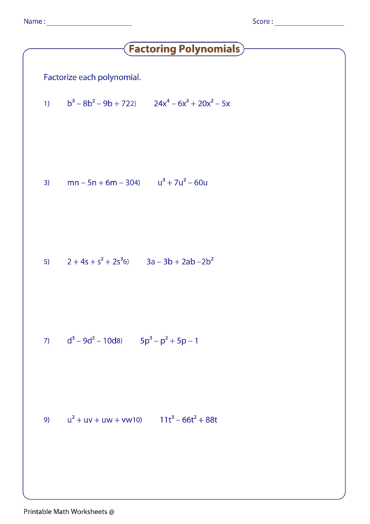 Factoring Polynomials Printable pdf