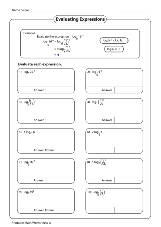 Evaluating Expressions Printable pdf