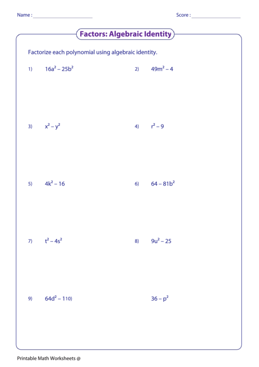 Factors: Algebraic Identity Printable pdf