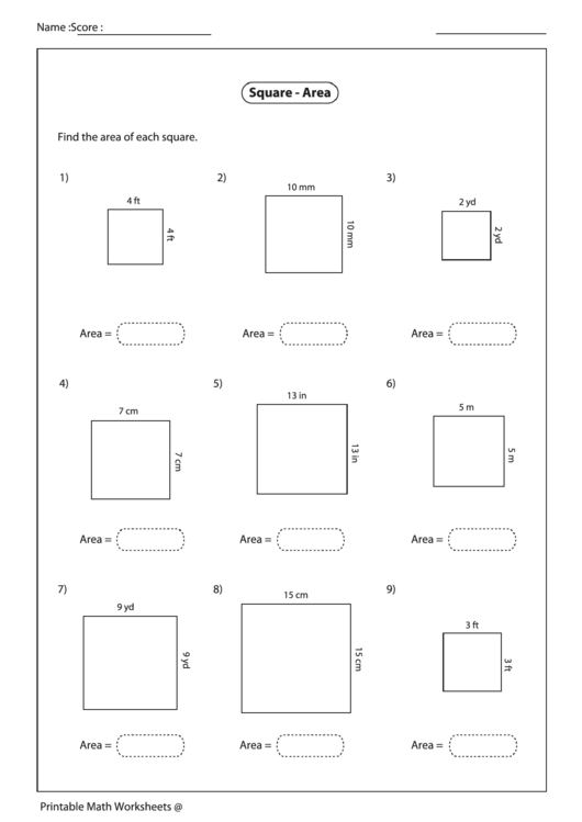 Square - Area Worksheet Printable pdf