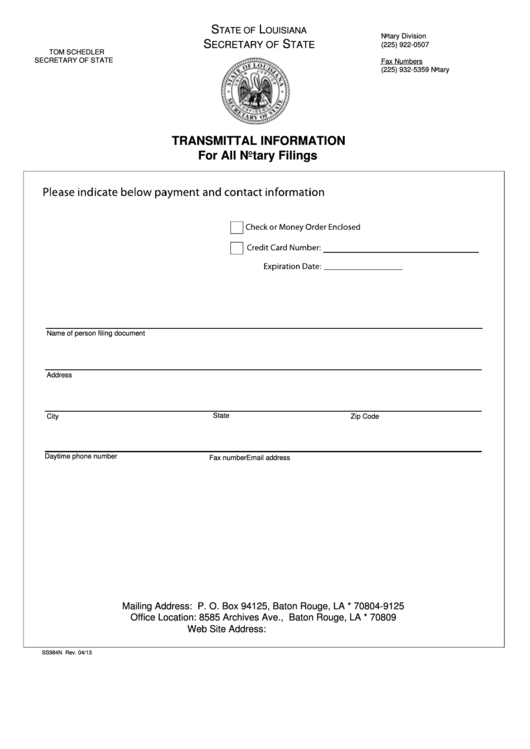 Transmittal Information For All Notary Filings - Louisiana Secretary Of State Printable pdf