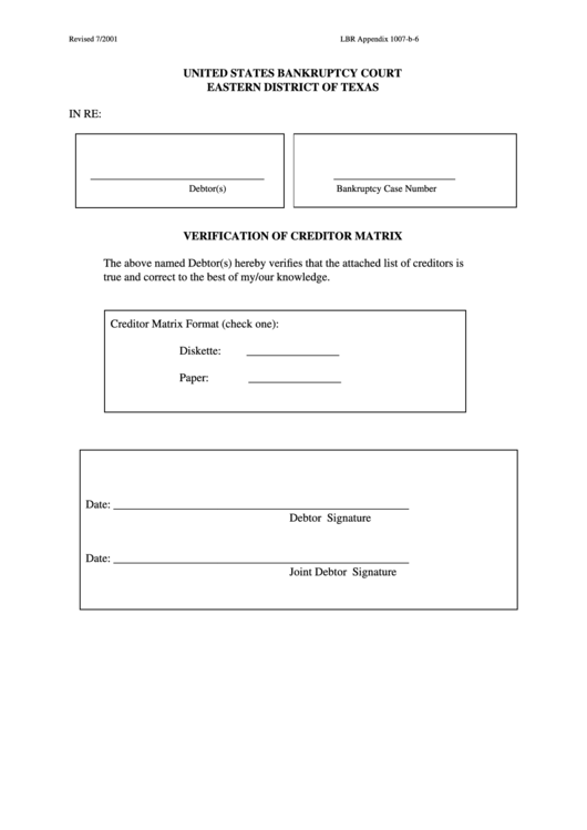 Fillable Verification Of Creditor Matrix Template Printable pdf