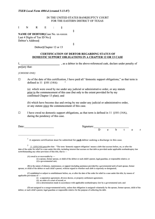 Fillable Certification Of Debtor Regarding Status Of Domestic Support Obligations In A Chapter 12 Or 13 Case Printable pdf