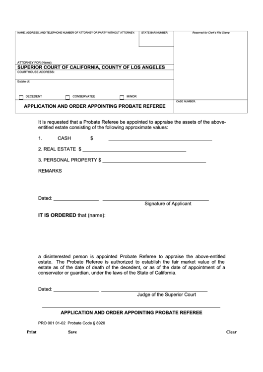 Fillable Application And Order Appointing Probate Referee Printable pdf