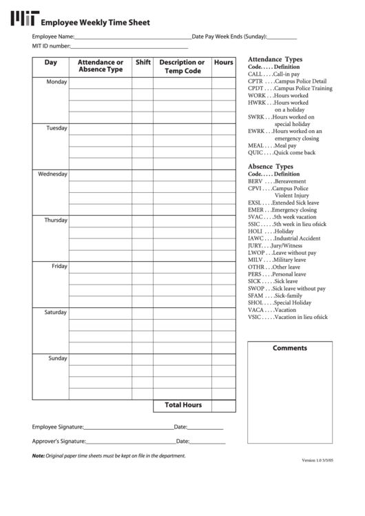 Employee Weekly Time Sheet Printable pdf