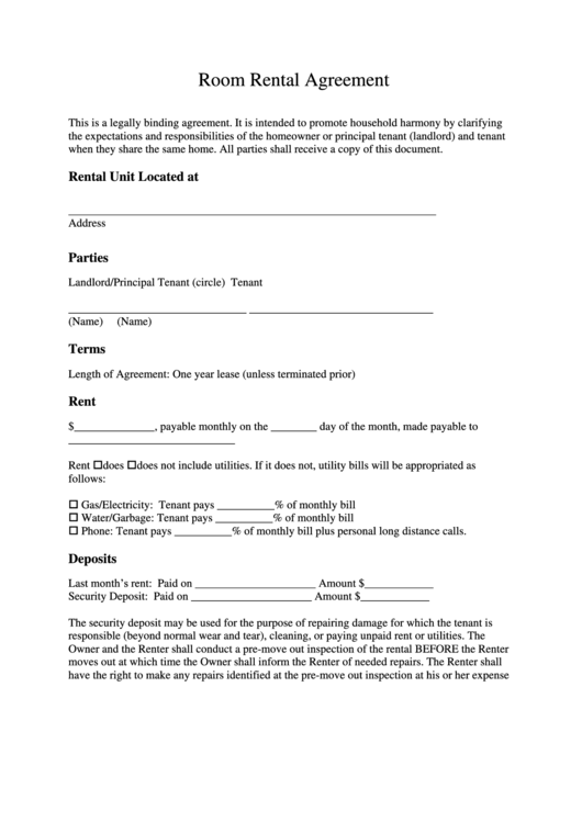 Room Rental Agreement Template Printable pdf