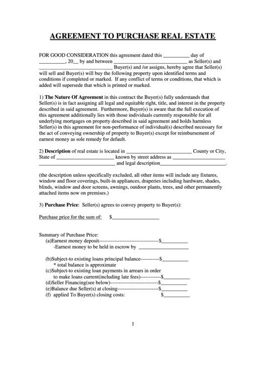 Agreement To Purchase Real Estate Printable pdf