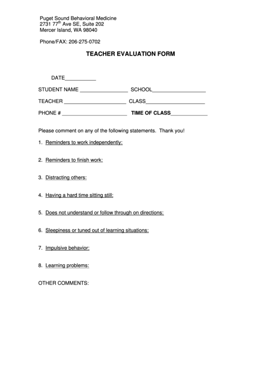Teacher Evaluation Form Printable pdf