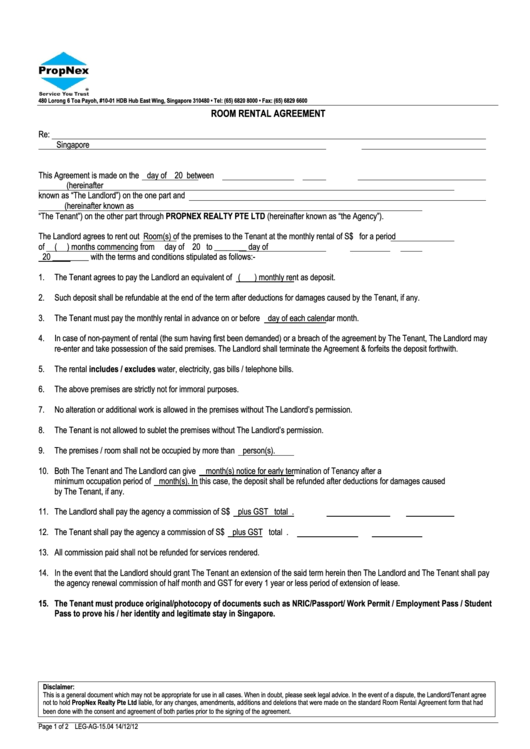 Room Rental Agreement Template - Propnex Realty Pte Ltd. Printable pdf