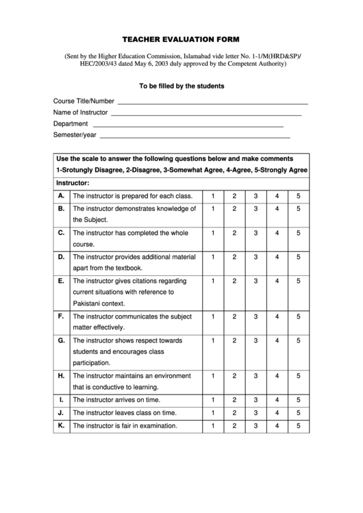 Teacher Evaluation Form Printable pdf