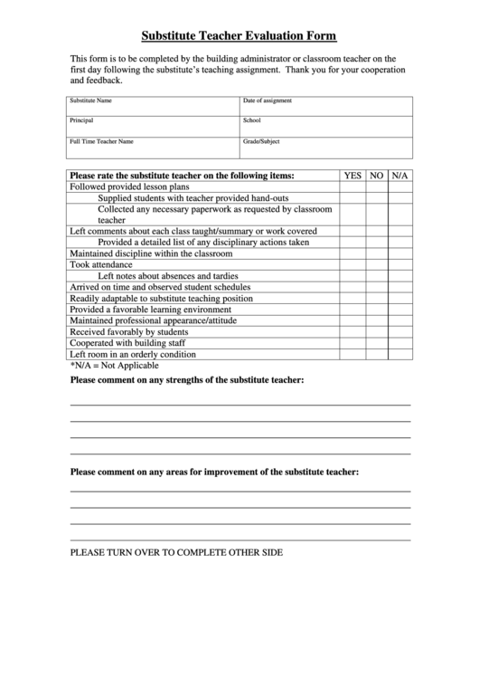 Substitute Teacher Evaluation Form printable pdf download