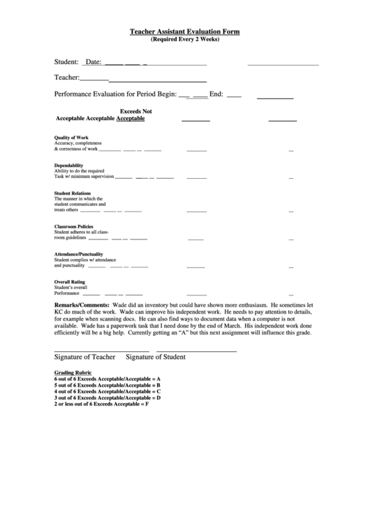 Teacher Assistant Evaluation Form Printable pdf