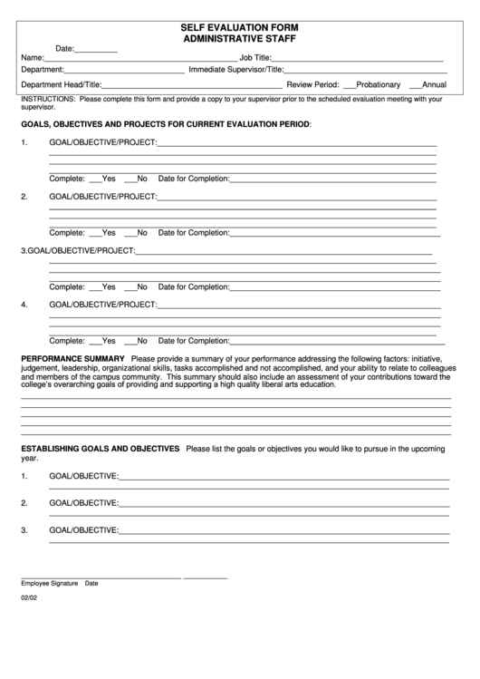 Self Evaluation Form Administrative Form Printable pdf