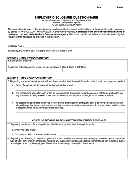 Fillable Employer Disclosure Questionnaire Printable pdf