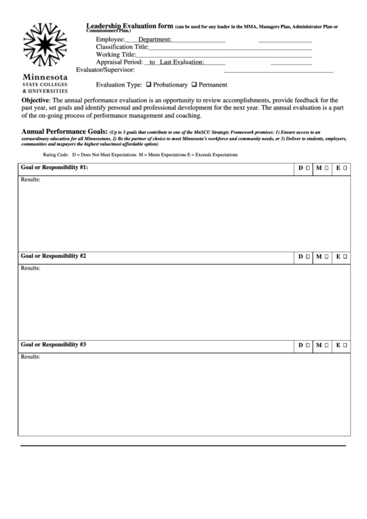Minnesota - Leadership Evaluation Form Printable pdf