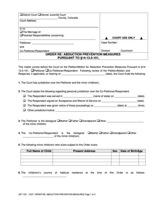 Fillable Abduction Prevention Measures Printable pdf