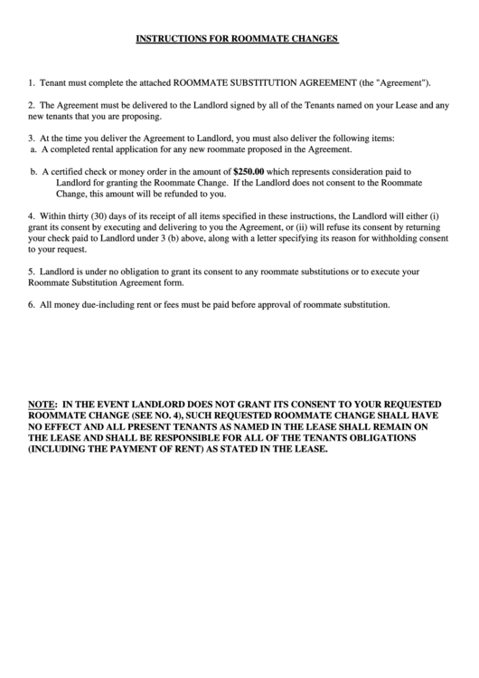 Roommate Substitution Agreement Template Printable pdf