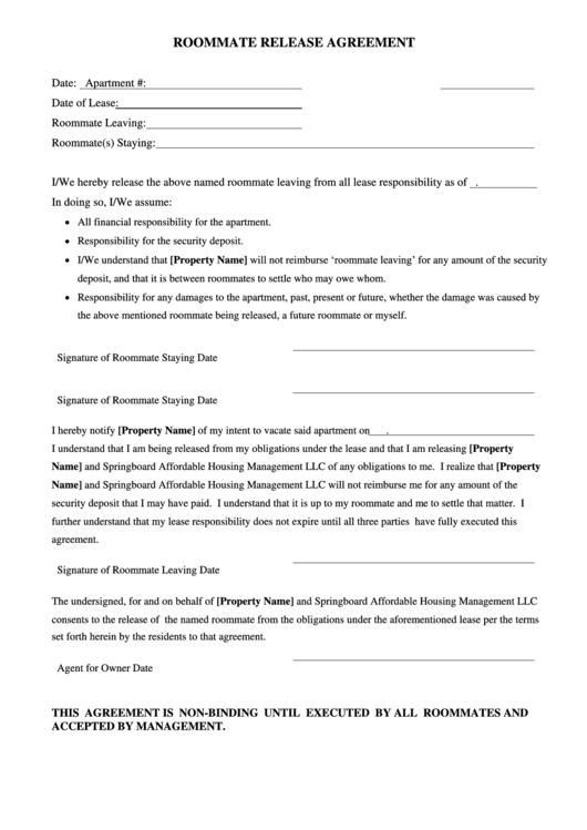 Roommate Release Agreement Printable pdf