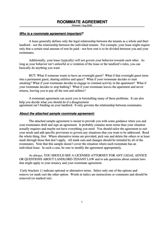 Roommate Agreement Template Printable pdf