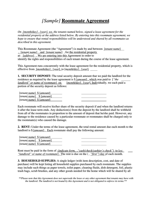 Sample Roommate Agreement Printable pdf