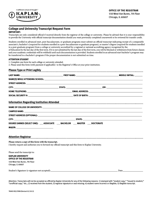Fillable College And University Transcript Request Form Printable pdf